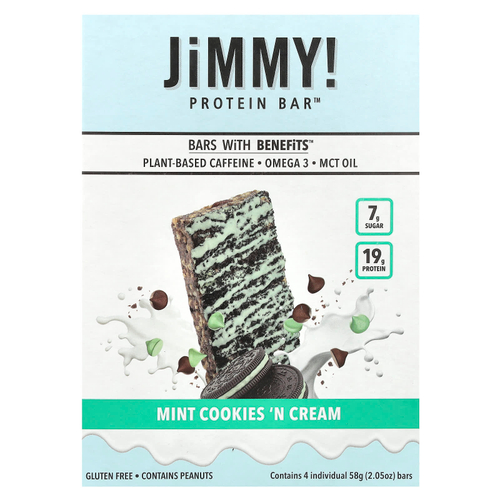 JiMMY!, Bars With Benefits, протеиновый батончик, мятное печенье и крем, 4 отдельных батончика, 58 г (2,05 унции)