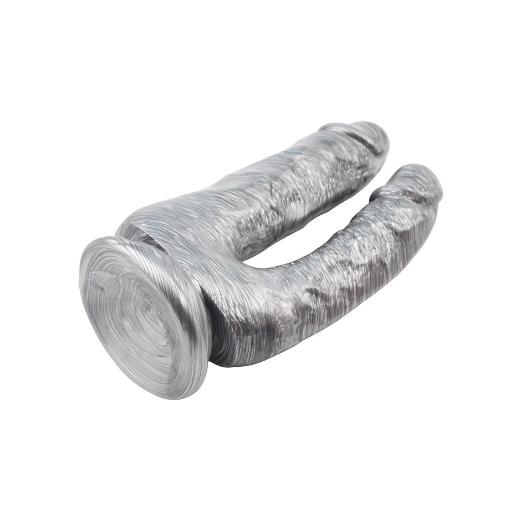 Серебристый анально-вагинальный фаллоимитатор Dick Cumming - 18 см. (Цвет: серебристый)