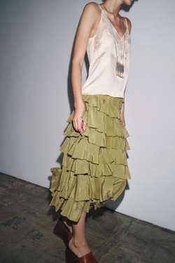 ZARA ЮБКА МИДИ С ВОЛАНАМИ — ZW COLLECTION, МЯГКИЙ ЗЕЛЕНЫЙ