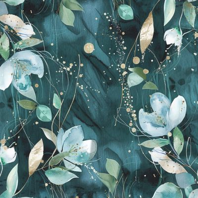 Изумрудный принт с голубыми цветами и поталью