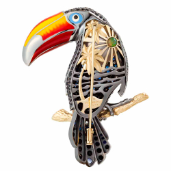 Брошь Тукан с Белым Жемчугом, Цветными Сапфирами и Бриллиантами, Brs0300-0/3