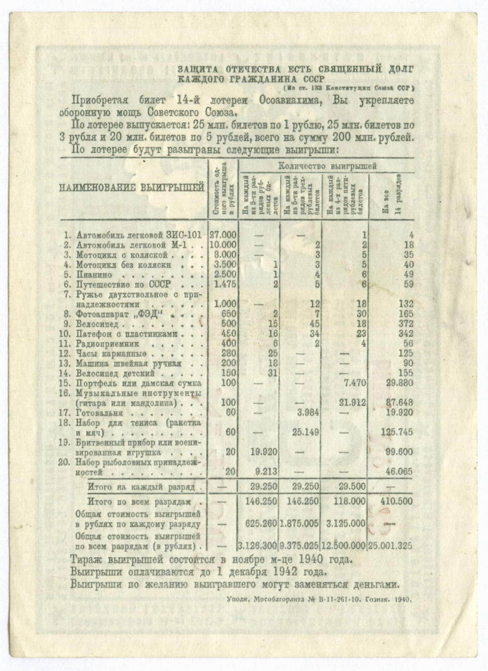 Билет 14-й Всесоюзной лотереи ОСОАВИАХИМА 1940 год. VF