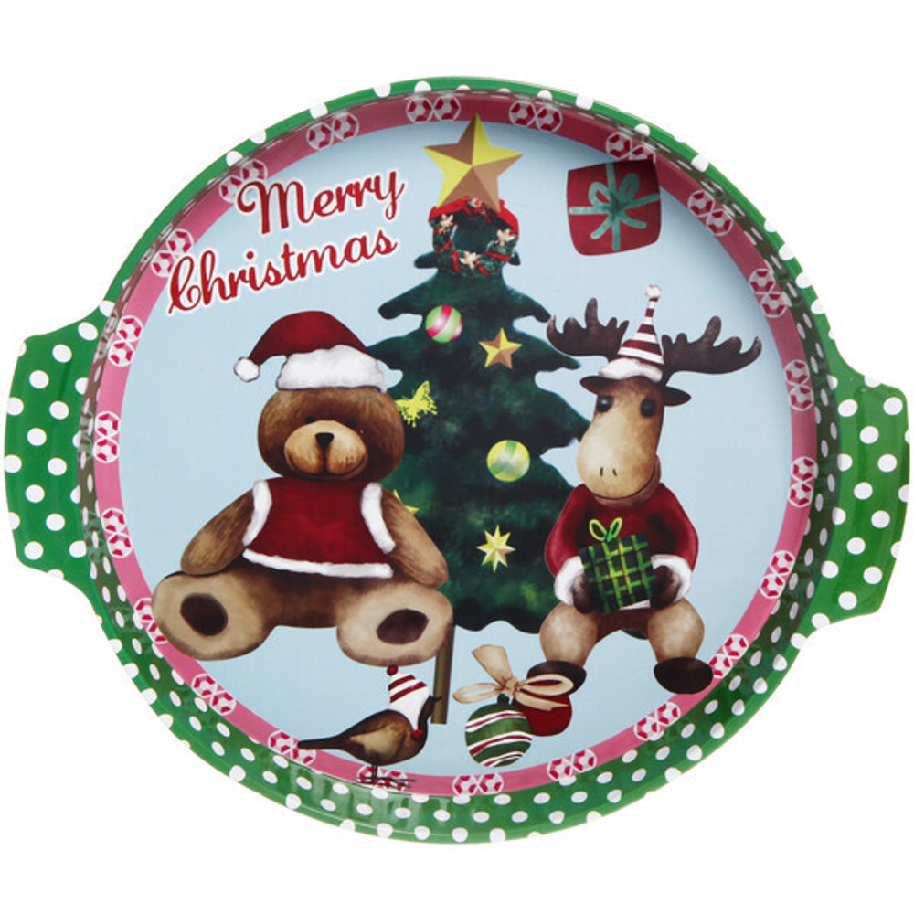 Поднос жестяной 32см с ручками «Мишка и лось»