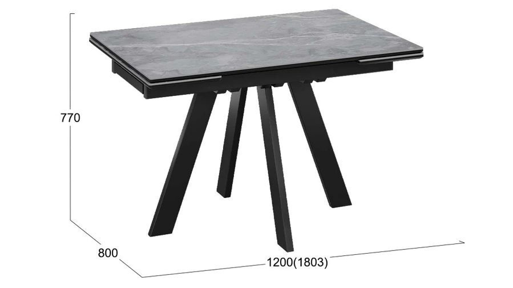 Стол кухонный обеденный раздвижной Черный муар/Керамика матовая серый мрамор 120(180)х80х77 см
