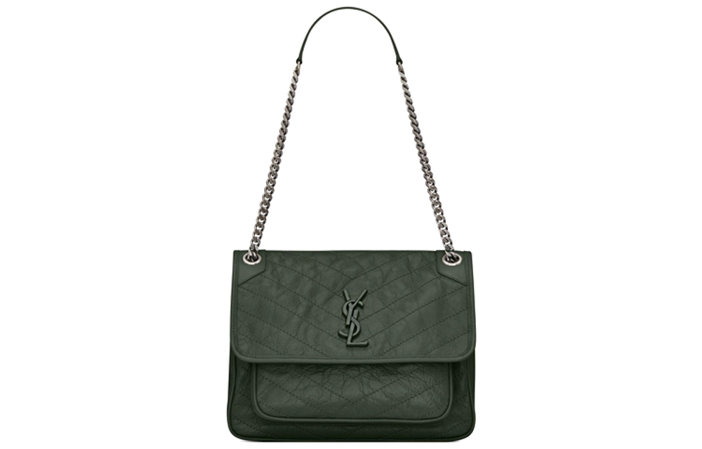 SAINT LAURENT Niki Cow Leather Hobo Bag, Crossbody Bag, Shoulder Bag Women"s Dark Green