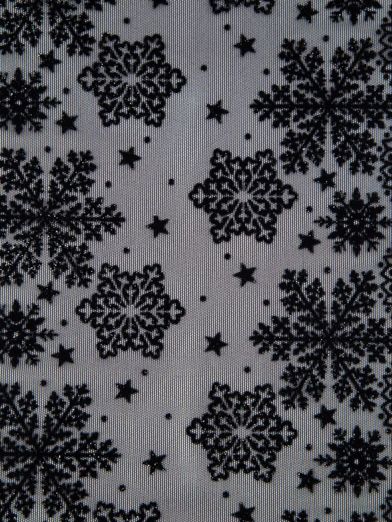 0142 ОПТ Кружево эластичное 19 см, Италия, флок, снежинки, черный