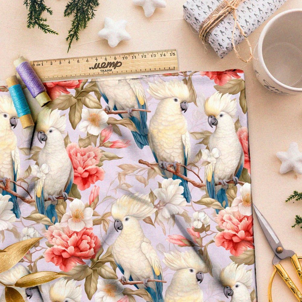 Ткань премиум мембрана белые попугаи в цветах