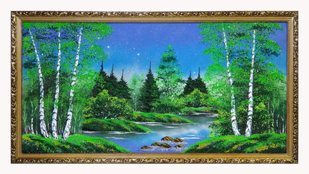 Картина №10 " Летний пейзаж" рисованная уральскими минералами в деревянном багете , размер 57-107-2см.