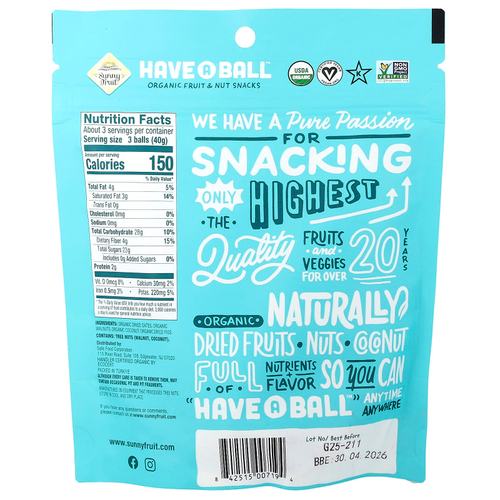 Sunny Fruit, have A Ball™, органические снеки с фруктами и орехами, инжир и грецкий орех, 126 г (4,4 унции)