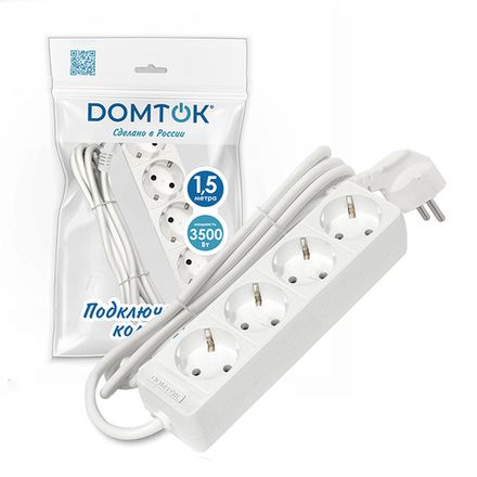 Удлинитель бытовой "DOMTOK" 4гн., ПВС 3*1, 3,5кВт, с/з 1,5м (1/30)