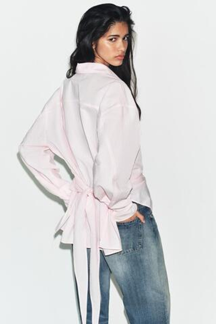 ZARA РУБАШКА ОВЕРСАЙЗ НА ЗАВЯЗКАХ, ЛИНЯЛЫЙ РОЗОВЫЙ