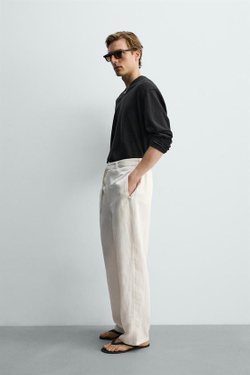 ZARA БРЮКИ RELAXED FIT ИЗ ВИСКОЗЫ И ЛЬНА С РЕМНЕМ, ЭКРЮ