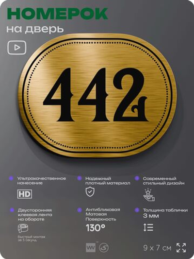 Номерок на дверь квартиры 442, для кабинета, офиса, шильдик 9 х 7 см, золотистый, Айдентика Технолоджи