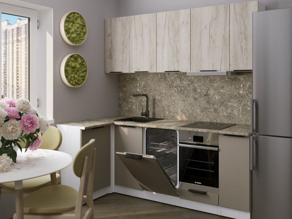 Кухонный гарнитур Альба прайм 2 400 1100х2000 мм, каркас ЛДСП, фасад ЛДСП, Белый/Дуб браун/Мокко