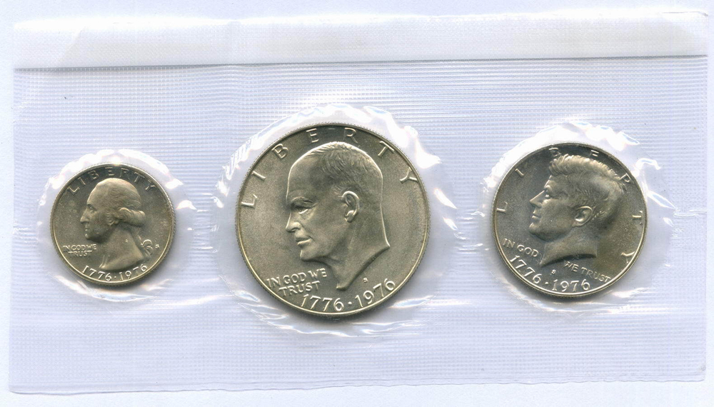 Набор 1, 1/2 и 1/4 доллара 1976 год (S). США. 200-летие Декларации независимости. Серебро. UNC в родной запайке и конверте