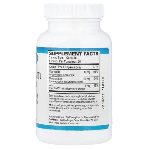 EuroMedica, магний + P5P, 60 капсул