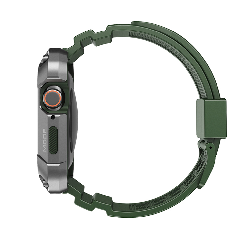 Металлический чехол-бампер от Nillkin DynaGuard Wristband Case для часов Apple Watch Series 4, 5 и 6 серии, размером 44мм, в комплекте ремешок зеленого цвета из ТПУ с двойным замком