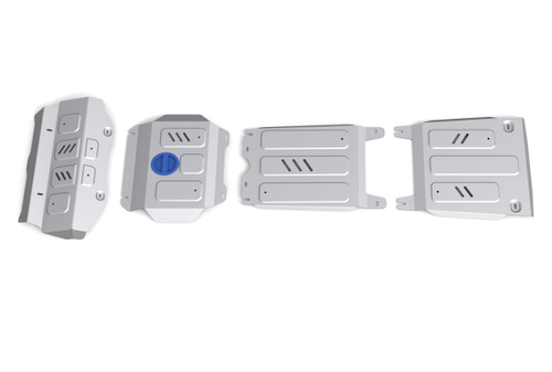 Защита радиатора, картера, КПП и РК Rival для Toyota Hilux VIII поколение (V - 2.4D; 2.8D) 4WD (только со штатным бампером) 2015-2018/Toyota Hilux VIII поколение рестайлинг (V - 2,8D) 4WD (только со штатным бампером) 2018-2020 2020-н.в., алюминий 3.8 мм, с крепежом, штампованная, K333.9501.1