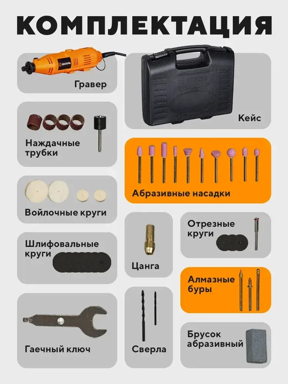 Гравер электрический Г-150 Вихрь с набором насадок в кейсе (150вт, 35 насадок + кейс, 34000 об./мин)