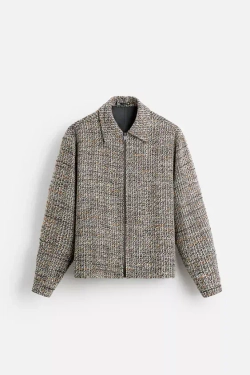 ZARA КУРТКА-РУБАШКА ИЗ РЕЛЬЕФНОЙ ТКАНИ С МОЛНИЕЙ, РЫЖЕВАТО-КОРИЧНЕВЫЙ