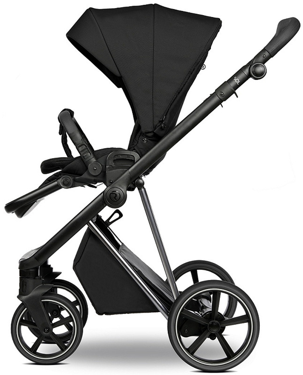 Детская коляска Roan Sol Vintage Luxury 2.0 3 в 1 с автокреслом Tutis Elo Lux EduSky Grey VIN 05/CB Caviar Black/Nickel/руч.Black