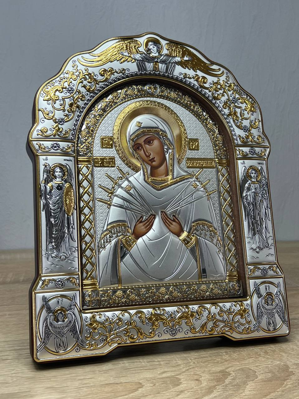 Семистрельная БМ, икона арочная с рамкой под стеклом, красное дерево 167х228