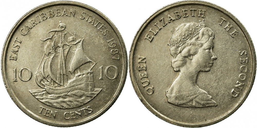 Восточные Карибы 10 центов, 1981 - 2000 Золотая лань XF