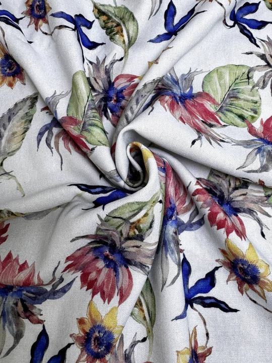 Плательная лен принт цветы/листья синий/бордо/желтый на белом PHARMA RH#3