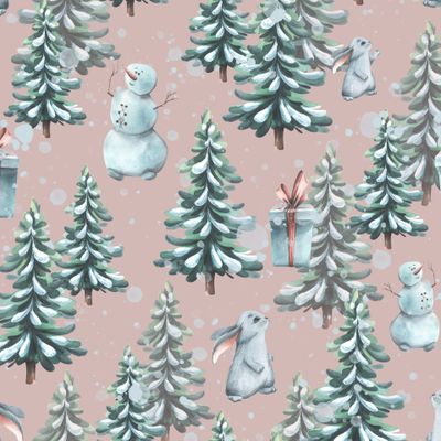 Зимний лес с елочками, зайчиками, снегом на розовом