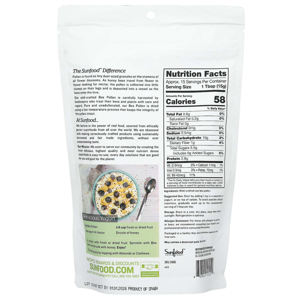 Sunfood, сырая пчелиная пыльца, собранная с дикорастущих растений, 227 г (8 унций)