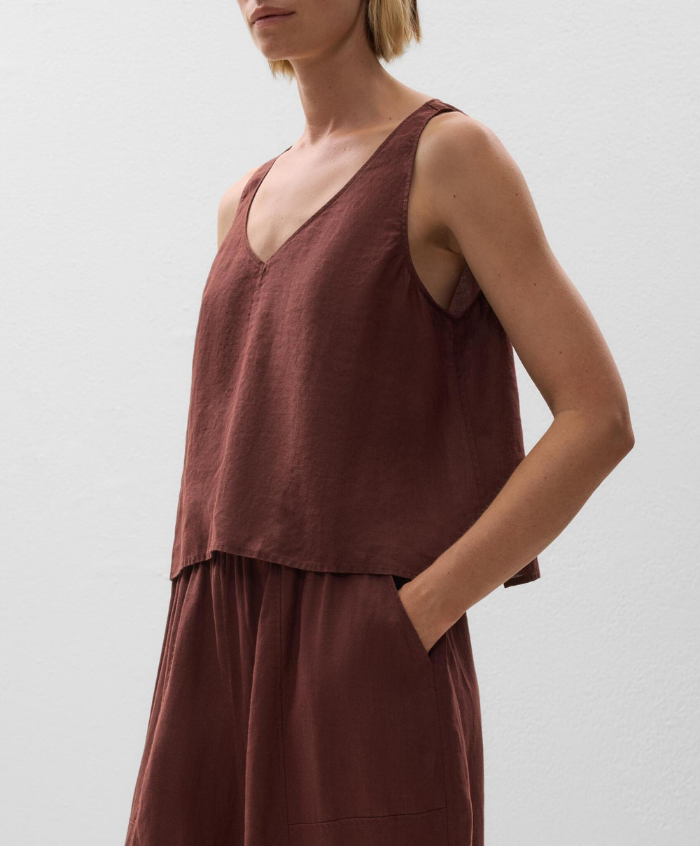 Oysho Топ из 100% льна с V-образным вырезом, шоколадный