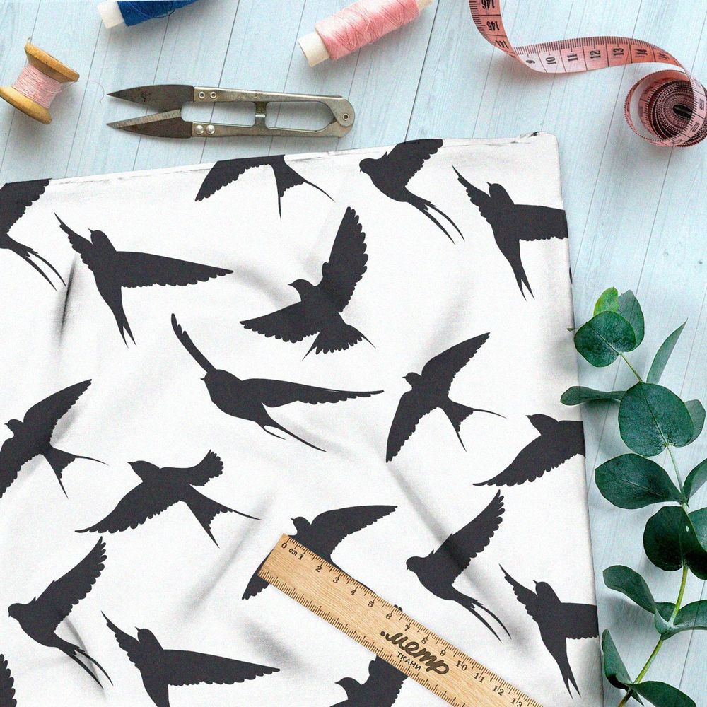 Ткань премиум таффета темные ласточки на белом