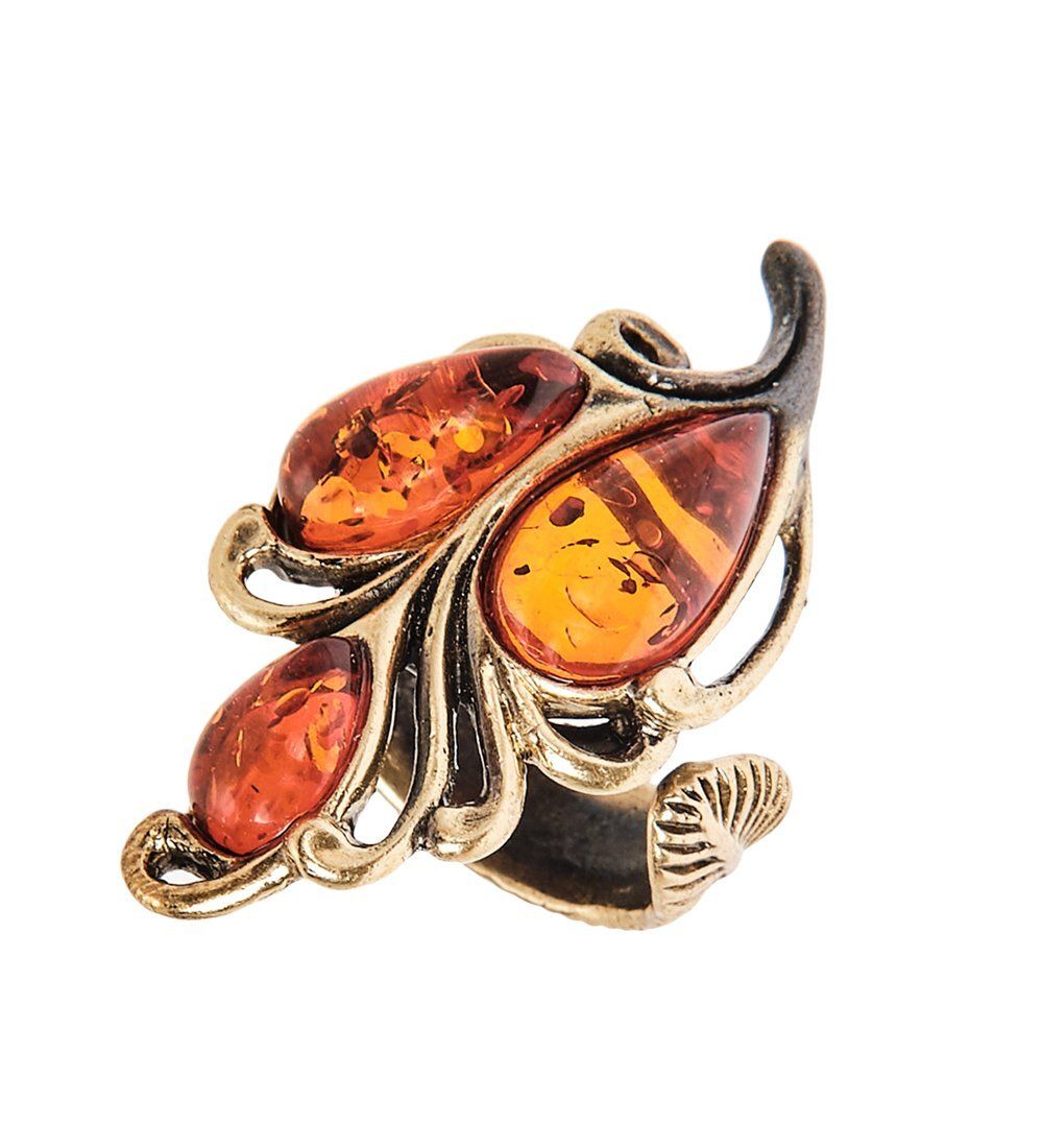 AM-2430 Кольцо «Винтажный лист» (латунь, янтарь)
