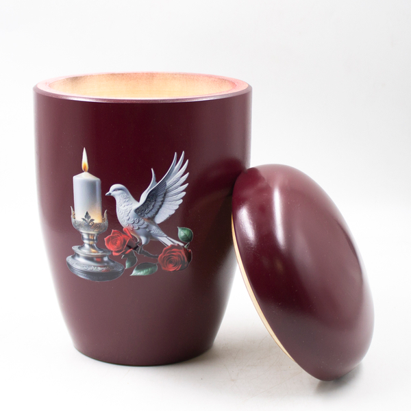 Урна для праха биоразагаемая "Эдем" бордовая Свеча и голубь
