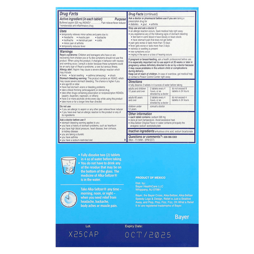 Alka-Seltzer, Буферизованный аспирин (НПВП), обезболивающее / средство для снижения температуры, оригинальный, 58 пакетиков (2 шт.) В каждом