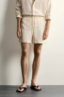 ZARA ШОРТЫ ИЗ ЖАККАРДА В КЛЕТКУ ИЗ ЛЬНА И ХЛОПКА, ЭКРЮ