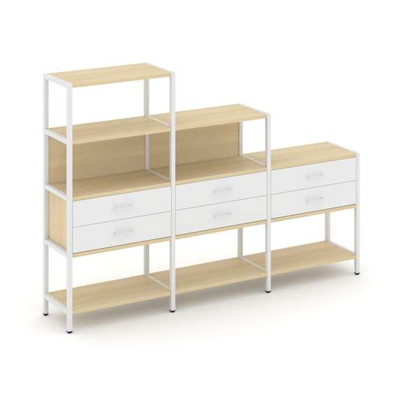 Shelf System Трехсекционный стеллаж четырех/трех/двухярусный с ящиками SN.STM-431 Акация Лорка/Белый