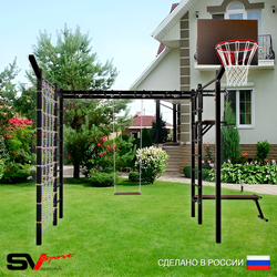 Уличная шведская стенка Sv Sport рукоход с комплектом турник прямой 2шт У5337К (Турник/Брусья/Скамья/Деревянные/Щит баскет/Кронш бокс/Сетка)