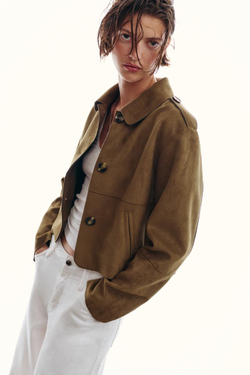 ZARA КОРОТКАЯ КУРТКА ИЗ ИСКУССТВЕННОЙ ЗАМШИ, ТЕМНЫЙ ХАКИ