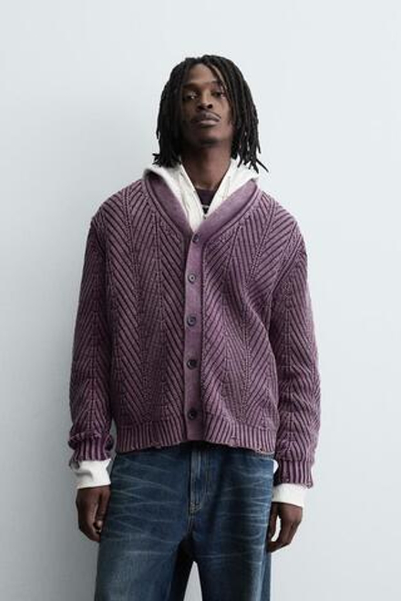 ZARA КАРДИГАН С РЕЛЬЕФНЫМ УЗОРОМ И ЭФФЕКТОМ ПОТЕРТОСТИ, СИРЕНЕВЫЙ