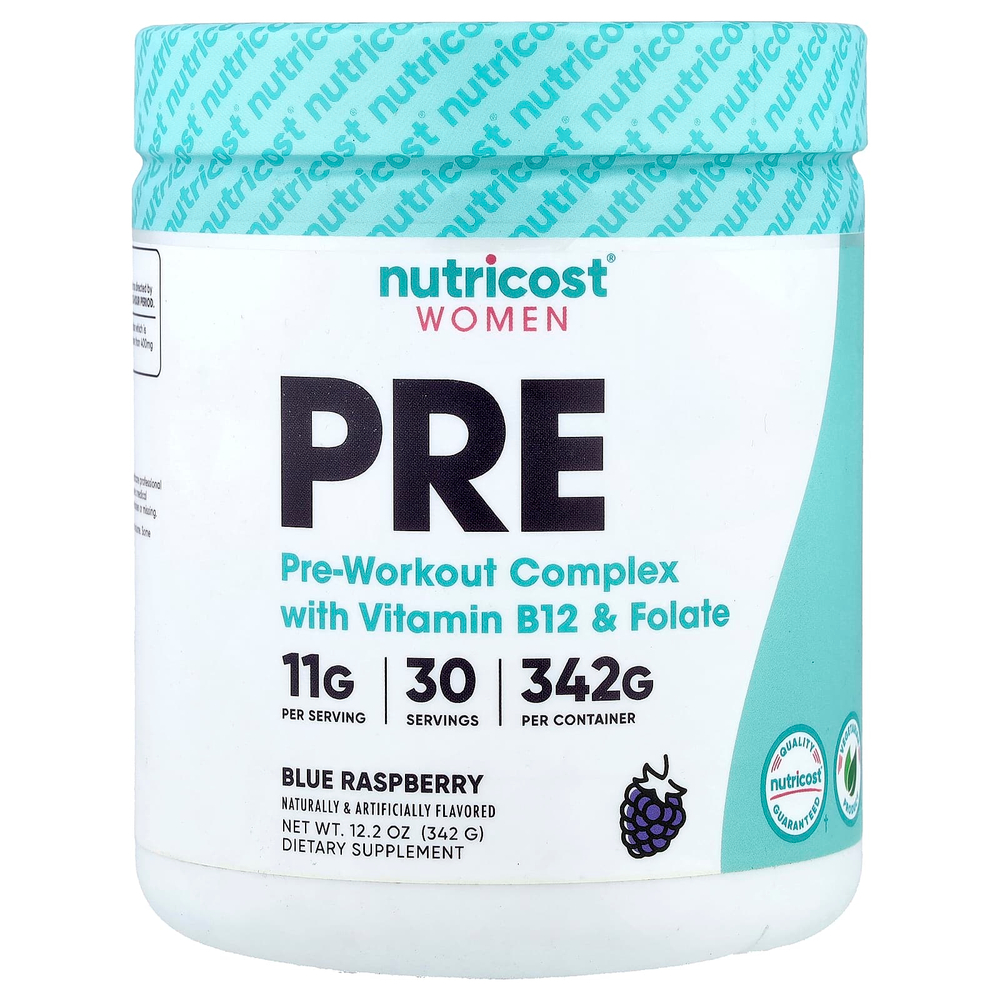 Nutricost, предтренировочный комплекс для женщин с витамином B12 и фолатом, голубая малина, 342 г (12,2 унции)