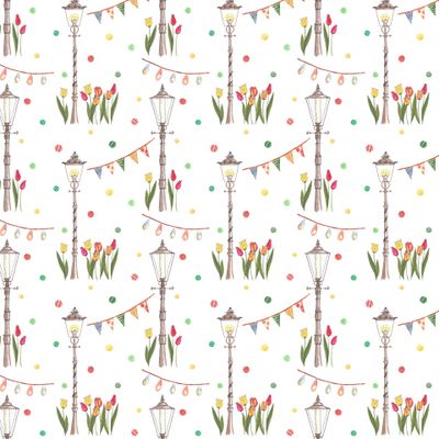 Seamless pattern with watercolor illustrations of street lamps, tulips and flags. Бесшовный паттерн с конфетти, тюльпанами, голландскими фонарями и флажками