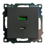 Розетка 2-местная USB + type C (механизм), 250В, 3А, max 20W, серия Катрин, графит, GLS10-7116-06 50052