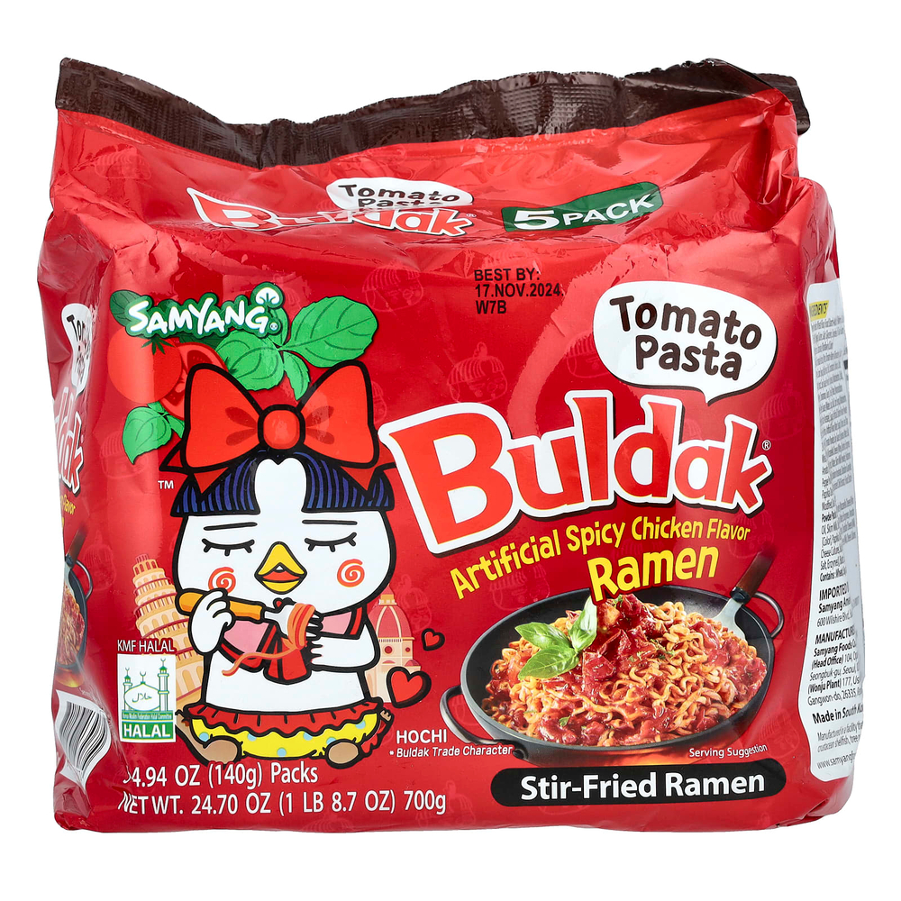 Buldak, Buldak®, жареный рамен, пряная курица, томатная паста, 5 пакетиков по 140 г (4,94 унции)