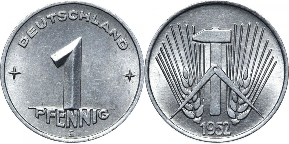 Германия - ГДР 1 пфенниг, 1952 - 1953 Молот XF