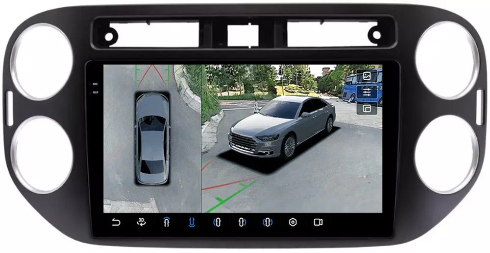 Магнитола для Volkswagen Tiguan 1 2011-2016 (рамка 9 чёрная, прямоуг. кнопка) - FarCar BX489M-360 монитор 9.5" 2K QLED на Android 13, 6Гб+128Гб, CarPlay, 4G SIM-слот, 4 камеры в комплекте