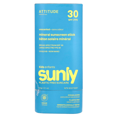 ATTITUDE, Sunly, минеральный солнцезащитный стик для детей, SPF 30, без запаха, 60 г (2,1 унции)