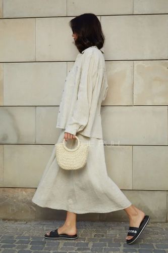 Летний бежевый костюм из льна с юбкой