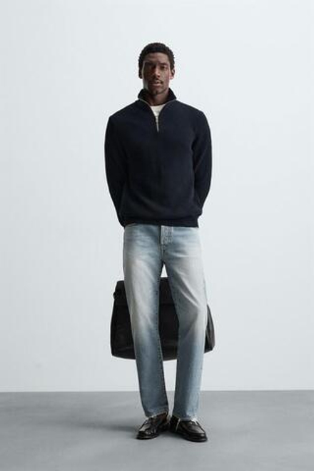 ZARA ДЖЕМПЕР ИЗ ЖЕМЧУЖНОЙ ВЯЗКИ С ВОРОТНИКОМ НА МОЛНИИ, МОРСКОЙ СИНИЙ