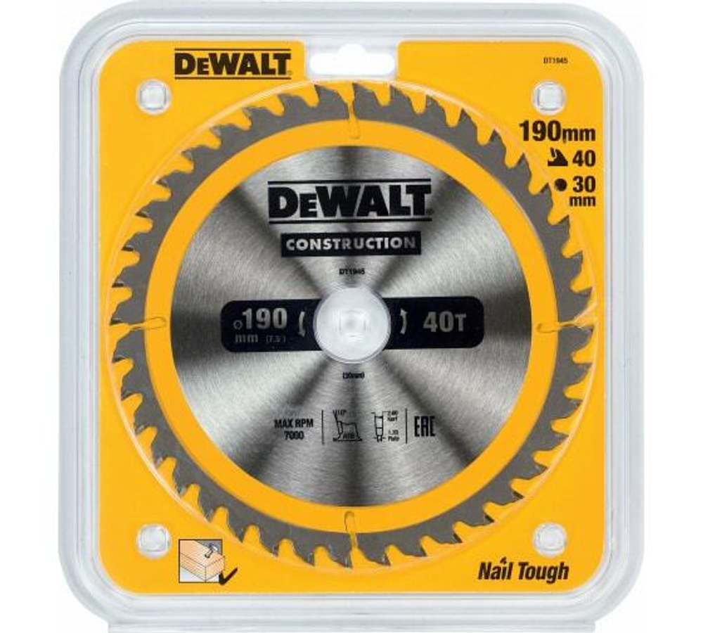 DeWalt, DT1945, Пильный диск CONSTRUCT 190/30 40 ATB +10°, шт